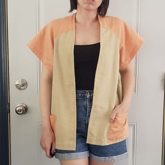 Vintage Tops - 80s/90s Coral and Tan Linen(?)‎ Top